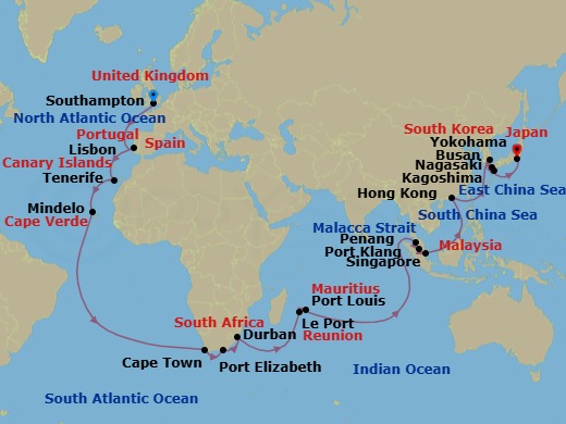 Route map: Southampton, England, UK → Lisbon, Portugal → Tenerife, Spain → Mindelo, St Vincent, Cape     Verde → Cape Town, South Africa → Gqeberha (Port Elizabeth),    South Africa → Durban, South Africa → Le Port, Reunion → Port Louis, Mauritius → Penang, Malaysia