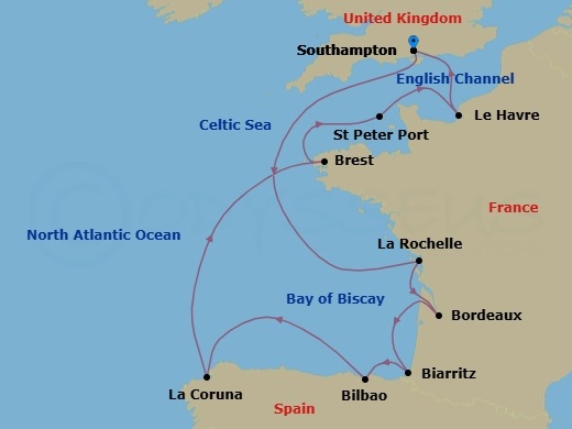 Route map: London (Southampton) → La Rochelle → Bordeaux → Biarritz (Saint-Jean-De-Luz) → Bilbao → La Coruna → Brest → St. Peter Port (Guernsey) → Paris (Le Havre) → London (Southampton)