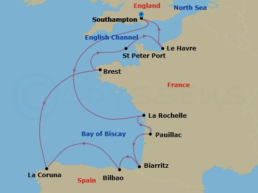 Route map: Southampton → La Rochelle → Pauillac → Biarritz → Bilbao → La Coruna → Brest → St Peter Port (Guernsey) → Le Havre → Southampton