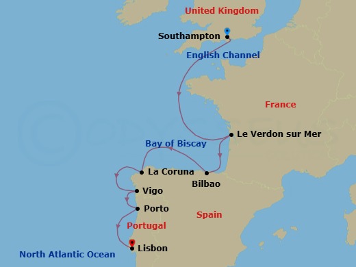 Route map: London (Southampton) → Bordeaux (Le Verdon) → Bilbao → La Coruna → Santiago De Compostela (Vigo) → Oporto → Lisbon