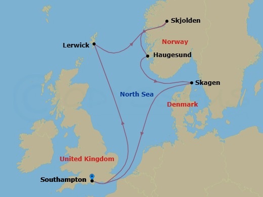 Route map: Southampton (London) United Kingdom → Lerwick (Shetland Is) United Kingdom → Skjolden Norway → Haugesund Norway → Skagen Denmark → Southampton (London) United Kingdom