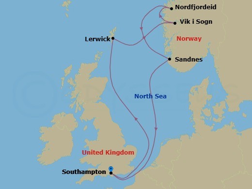 Route map: Southampton (London) United Kingdom → Lerwick (Shetland Is) United Kingdom → Vik i Sogn Norway → Nordfjordeid Norway → Sandnes Norway → Southampton (London) United Kingdom