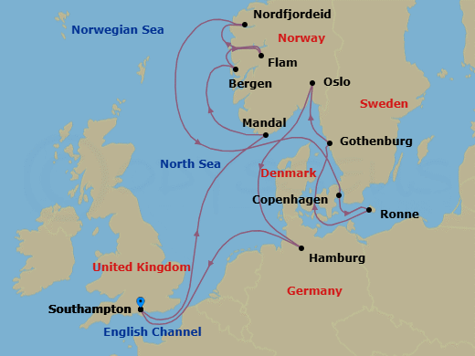Route map: Southampton → Mandal → Bergen → Flam → Nordfjordeid → Copenhagen → Ronne → Goteborg → Oslo → Hamburg