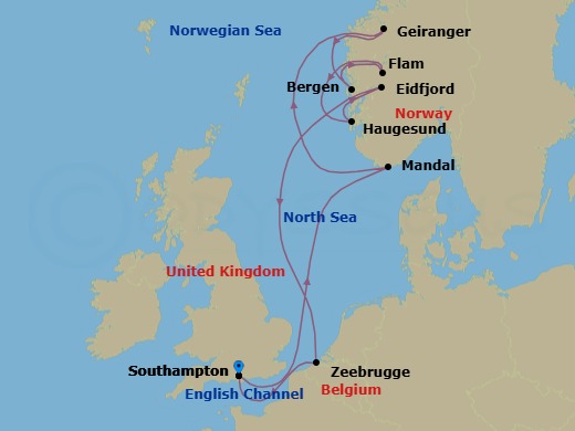 Route map: Southampton → Mandal → Geiranger → Bergen → Flam → Haugesund → Eidfjord → Bruges (Zeebrugge) → Southampton