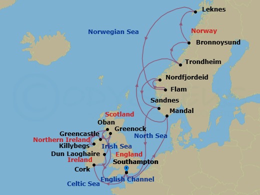 Route map: Southampton → Mandal → Trondheim → Bronnoysund → Leknes (Lofoten Islands) → Flam → Nordfjordeid → Sandnes → Southampton → Cork