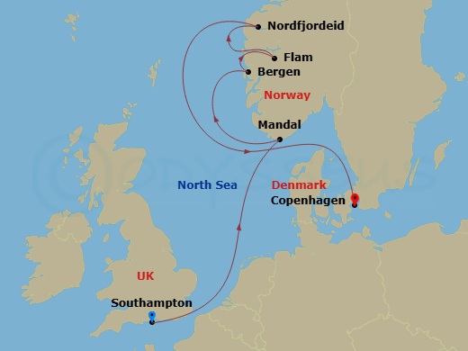 Route map: Southampton → Mandal → Bergen → Flam → Nordfjordeid → Copenhagen
