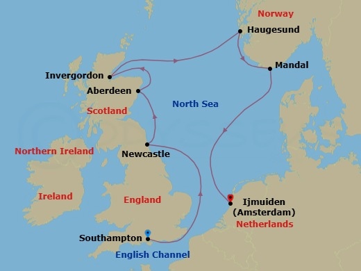 Route map: London (Southampton) → Newcastle → Aberdeen → Invergordon → Haugesund → Mandal → Amsterdam (Ijmuiden)
