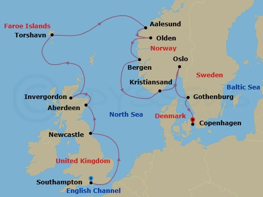 Route map: London (Southampton) → Newcastle → Aberdeen → Invergordon → Torshavn (Faroe Islands) → Alesund → Olden → Bergen → Kristiansand → Oslo