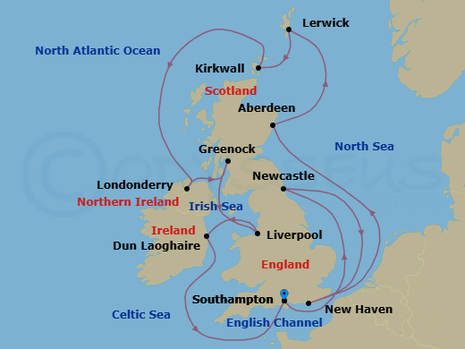 Route map: London (Southampton) → Newcastle → Edinburgh (Newhaven) → Aberdeen → Lerwick (Shetland Islands) → Kirkwall (Orkney Islands) → Londonderry → Glasgow (Greenock) → Liverpool → Dun Laoghaire