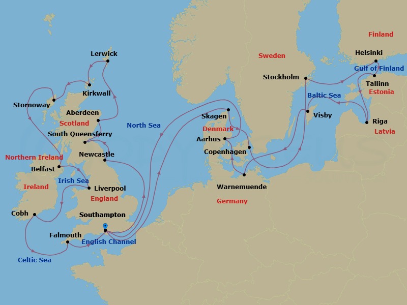 Route map: London (Southampton) → Newcastle → Edinburgh (South Queensferry) → Aberdeen → Lerwick (Shetland Islands) → Kirkwall (Orkney Islands) → Stornoway (Hebrides) → Belfast → Liverpool → Cork (Cobh)