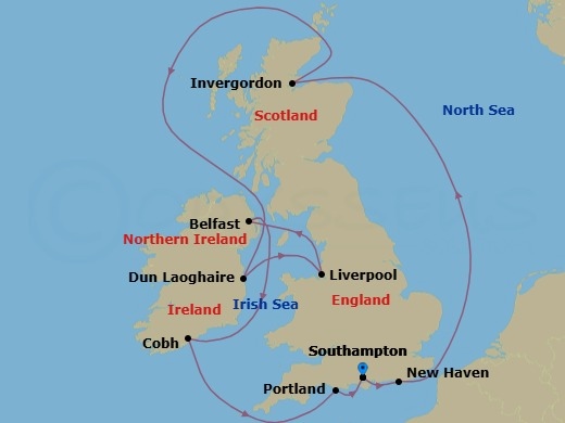 Route map: London (Southampton), England, Great Britain → Edinburgh (Newhaven), Scotland, United Kingdom → Invergordon (Inverness), Great Britain → Dublin  Dun Laoghaire  Ireland → Liverpool, England, United Kingdom → Belfast, Northern Ireland, United Kingdom → Cork  Cobh, Ireland → Portland, England, Great Britain → London (Southampton), England, Great Britain