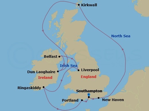 Route map: At Hotel → London (Southampton), England, Great Britain → Edinburgh (Newhaven), Scotland, United Kingdom → Kirkwall, Scotland, Great Britain → Dublin  Dun Laoghaire  Ireland → Belfast, Northern Ireland, United Kingdom → Liverpool, England, United Kingdom → Ringaskiddy   Cork   Ireland → Portland, England, Great Britain → London (Southampton), England, Great Britain