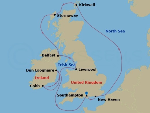 Route map: London (Southampton), England, Great Britain → Edinburgh (Newhaven), Scotland, United Kingdom → Kirkwall, Scotland, Great Britain → Stornoway, Scotland, Great Britain → Belfast, Northern Ireland, United Kingdom → Liverpool, England, United Kingdom → Cork  Cobh, Ireland → Dublin  Dun Laoghaire  Ireland → London (Southampton), England, Great Britain