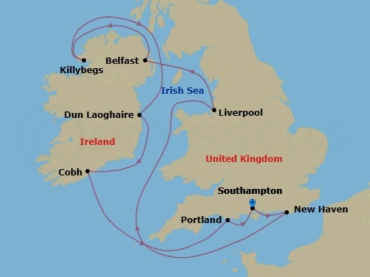 Route map: London (Southampton), England, Great Britain → Edinburgh (Newhaven), Scotland, United Kingdom → Liverpool, England, United Kingdom → Belfast, Northern Ireland, United Kingdom → Killybegs, Ireland → Dublin  Dun Laoghaire  Ireland → Cork  Cobh, Ireland → Portland, England, Great Britain → London (Southampton), England, Great Britain