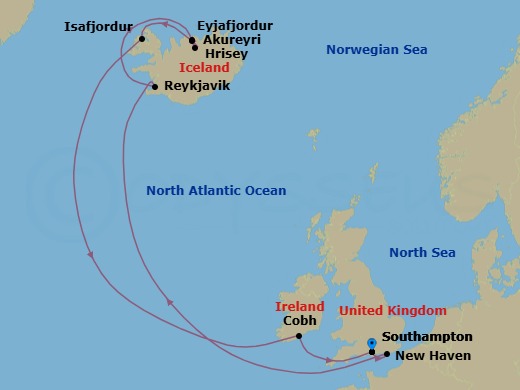 Route map: Southampton, England, UK → Newhaven (for Edinburgh), Scotland, UK → Reykjavik, Iceland → Akureyri, Iceland → Hrisey, Iceland (Sail By) → Isafjordur, Iceland → Cobh (tours to Cork), Ireland → Southampton, England, UK
