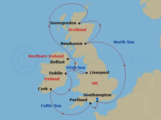 Route map: London (Southampton), England, Great Britain → Edinburgh (Newhaven), Scotland, United Kingdom → Invergordon (Inverness), Great Britain → Belfast, Northern Ireland, United Kingdom → Liverpool, England, United Kingdom → Dublin  Dun Laoghaire  Ireland → Cork  Cobh, Ireland → Portland, England, Great Britain → London (Southampton), England, Great Britain