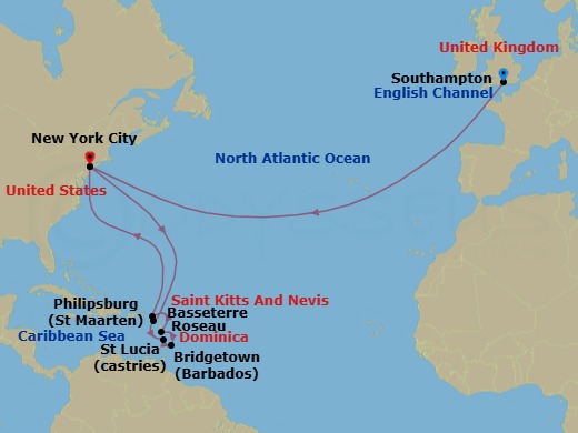 Route map: Southampton, England, UK → New York, NY, USA → Basseterre, St Kitts → Castries, St Lucia → Bridgetown, Barbados → Roseau, Dominica → Philipsburg, St Maarten → New York, NY, USA