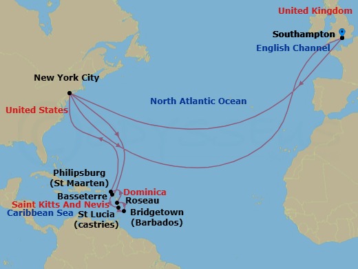 Route map: Southampton, England, UK → New York, NY, USA → Basseterre, St Kitts → Castries, St Lucia → Bridgetown, Barbados → Roseau, Dominica → Philipsburg, St Maarten → New York, NY, USA → Southampton, England, UK