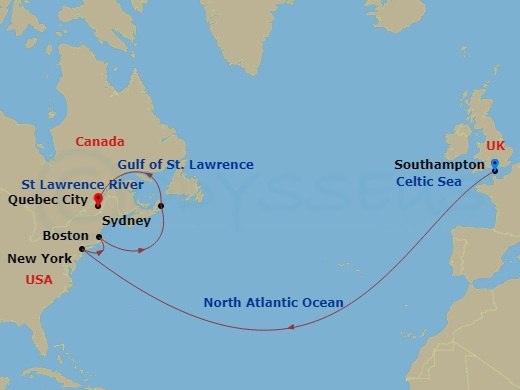 Route map: Southampton, England, UK → New York, NY, USA → Boston, MA, USA → Sydney, NS, Canada → Quebec, QC, Canada
