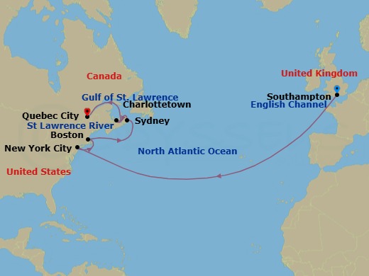 Route map: Southampton, England, UK → New York, NY, USA → Boston, MA, USA → Sydney, NS, Canada → Charlottetown, PE, Canada → Quebec, QC, Canada