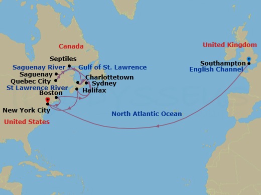 Route map: Southampton, England, UK → New York, NY, USA → Boston, MA, USA → Sydney, NS, Canada → Charlottetown, PE, Canada → Quebec, QC, Canada → Saguenay, QC, Canada → Sept-Iles, QC, Canada → Halifax, NS, Canada → New York, NY, USA