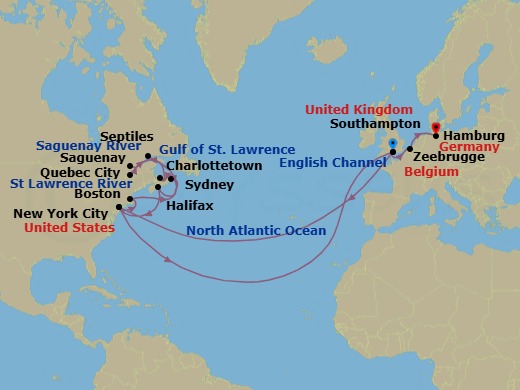 Route map: Southampton, England, UK → New York, NY, USA → Boston, MA, USA → Sydney, NS, Canada → Charlottetown, PE, Canada → Quebec, QC, Canada → Saguenay, QC, Canada → Sept-Iles, QC, Canada → Halifax, NS, Canada → New York, NY, USA
