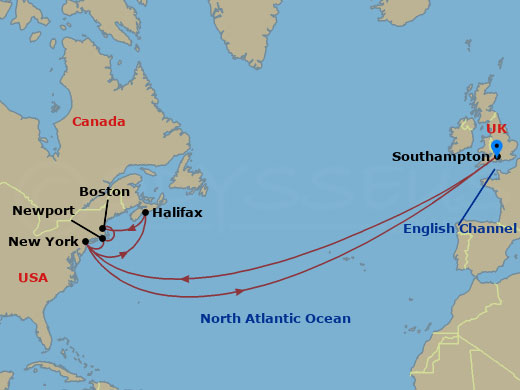 Route map: Southampton, England, UK → New York, NY, USA → Halifax, NS, Canada → Boston, MA, USA → New York, NY, USA → Southampton, England, UK