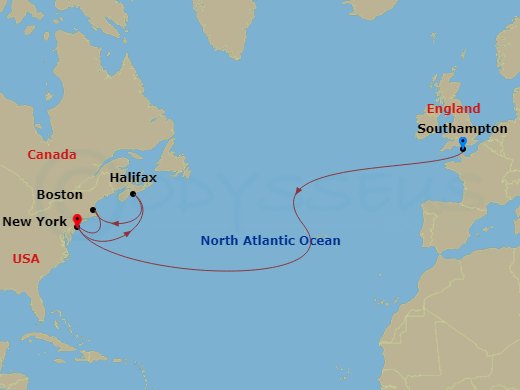 Route map: Southampton, England, UK → New York, NY, USA → Halifax, NS, Canada → Boston, MA, USA → New York, NY, USA