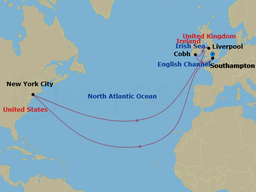 Route map: Southampton, England, UK → New York, NY, USA → Liverpool, England, UK → Cobh (tours to Cork), Ireland → Southampton, England, UK