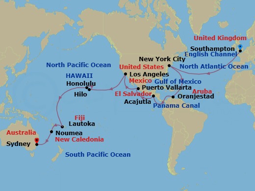 Route map: Southampton, England, UK → New York, NY, USA → Oranjestad, Aruba → Transit the Panama Canal,     Panama (Full Transit) → Acajutla, El Salvador → Puerto Vallarta, Mexico → Los Angeles, CA, USA → Hilo, HI, USA → Honolulu, HI, USA → Cross International Date Line (Cruise-by)