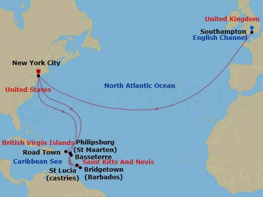 Route map: Southampton, England, UK → New York, NY, USA → Road Town, Tortola → Basseterre, St Kitts → Castries, St Lucia → Bridgetown, Barbados → Philipsburg, St Maarten → New York, NY, USA