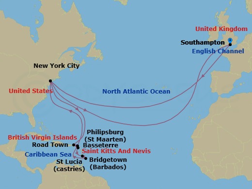 Route map: Southampton, England, UK → New York, NY, USA → Road Town, Tortola → Basseterre, St Kitts → Castries, St Lucia → Bridgetown, Barbados → Philipsburg, St Maarten → New York, NY, USA → Southampton, England, UK