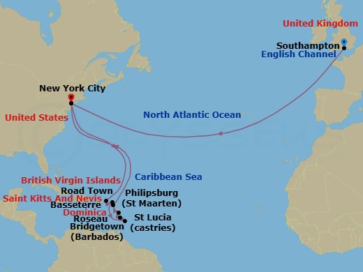 Route map: Southampton, England, UK → New York, NY, USA → Road Town, Tortola → Philipsburg, St Maarten → Bridgetown, Barbados → Castries, St Lucia → Roseau, Dominica → Basseterre, St Kitts → New York, NY, USA