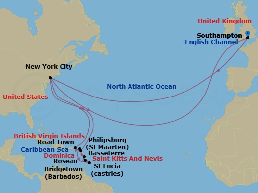 Route map: Southampton, England, UK → New York, NY, USA → Road Town, Tortola → Philipsburg, St Maarten → Bridgetown, Barbados → Castries, St Lucia → Roseau, Dominica → Basseterre, St Kitts → New York, NY, USA → Southampton, England, UK