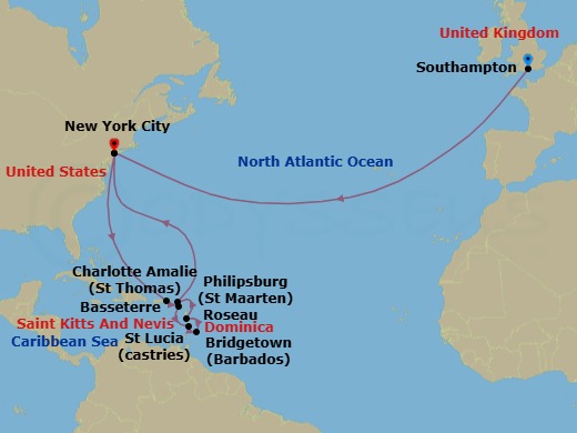 Route map: Southampton, England, UK → New York, NY, USA → St Thomas, Virgin Islands, U.S → Basseterre, St Kitts → Castries, St Lucia → Bridgetown, Barbados → Roseau, Dominica → Philipsburg, St Maarten → New York, NY, USA