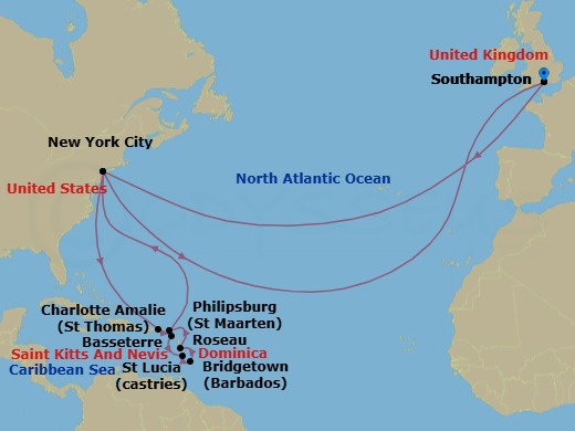 Route map: Southampton, England, UK → New York, NY, USA → St Thomas, Virgin Islands, U.S → Basseterre, St Kitts → Castries, St Lucia → Bridgetown, Barbados → Roseau, Dominica → Philipsburg, St Maarten → New York, NY, USA → Southampton, England, UK