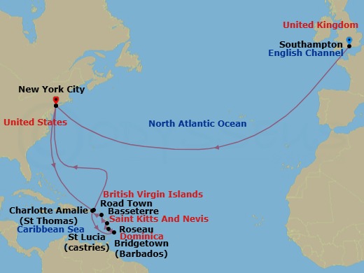 Route map: Southampton, England, UK → New York, NY, USA → St Thomas, Virgin Islands, U.S → Bridgetown, Barbados → Castries, St Lucia → Roseau, Dominica → Basseterre, St Kitts → Road Town, Tortola → New York, NY, USA
