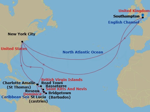 Route map: Southampton, England, UK → New York, NY, USA → St Thomas, Virgin Islands, U.S → Bridgetown, Barbados → Castries, St Lucia → Roseau, Dominica → Basseterre, St Kitts → Road Town, Tortola → New York, NY, USA → Southampton, England, UK