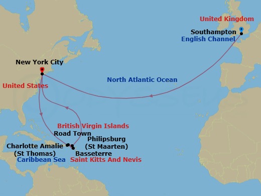 Route map: Southampton, England, UK → New York, NY, USA → St Thomas, Virgin Islands, U.S → Road Town, Tortola → Basseterre, St Kitts → Philipsburg, St Maarten → New York, NY, USA