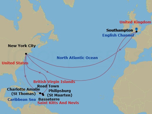 Route map: Southampton, England, UK → New York, NY, USA → St Thomas, Virgin Islands, U.S → Road Town, Tortola → Basseterre, St Kitts → Philipsburg, St Maarten → New York, NY, USA → Southampton, England, UK