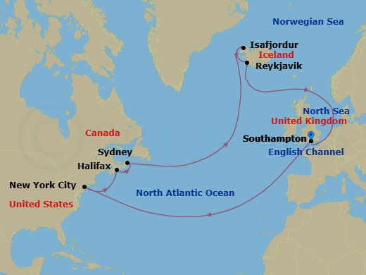 Route map: Southampton, England, UK → New York, NY, USA → Halifax, NS, Canada → Sydney, NS, Canada → Isafjordur, Iceland → Reykjavik, Iceland → Southampton, England, UK