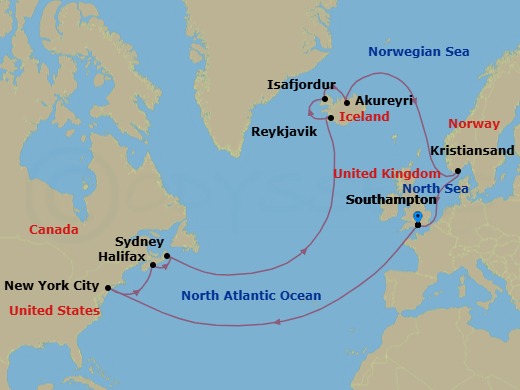 Route map: Southampton, England, UK → New York, NY, USA → Halifax, NS, Canada → Sydney, NS, Canada → Reykjavik, Iceland → Isafjordur, Iceland → Akureyri, Iceland → Kristiansand, Norway → Southampton, England, UK