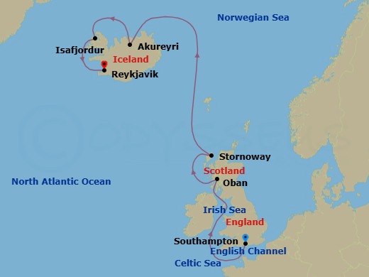 Route map: Southampton → Oban → Stornoway (Isle Of Lewis) → Akureyri → Isafjordur → Reykjavik