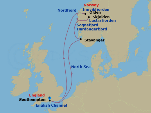 Route map: Southampton, England, UK → Olden, Norway → Skjolden, Norway → Stavanger, Norway → Southampton, England, UK