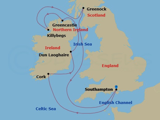 Route map: Southampton → Cork → Dun Laoghaire → Greencastle (County Donegal) → Killybegs (County Donegal) → Glasgow (Greenock) → Southampton