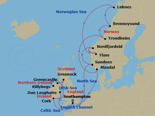 Route map: Southampton → Cork → Dun Laoghaire → Greencastle (County Donegal) → Killybegs (County Donegal) → Glasgow (Greenock) → Southampton → Mandal → Trondheim → Bronnoysund