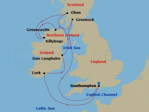 Route map: Southampton → Cork → Dun Laoghaire → Greencastle (County Donegal) → Killybegs (County Donegal) → Oban → Glasgow (Greenock) → Southampton