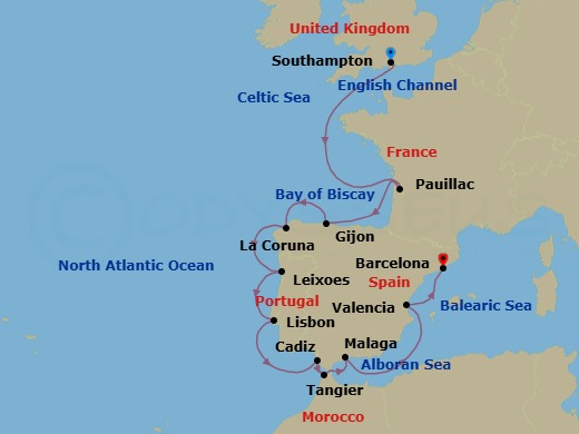 Route map: Southampton → Pauillac → Gijon → La Coruna (A Coruna) → Porto (Leixoes) → Lisbon → Cadiz → Tangier → Malaga, Spain → Valencia