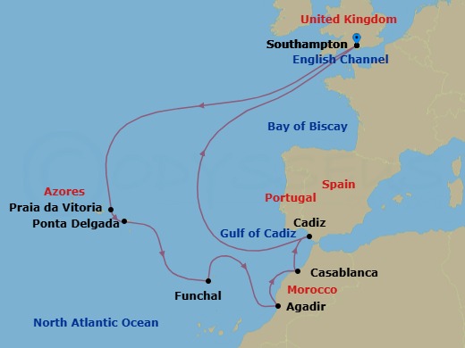 Route map: Southampton, England, UK → Praia da Vitoria, Azores,     Portugal → Ponta Delgada, Azores, Portugal → Funchal, Madeira, Portugal → Agadir, Morocco → Casablanca, Morocco → Cadiz (tours to Seville), Spain → Southampton, England, UK