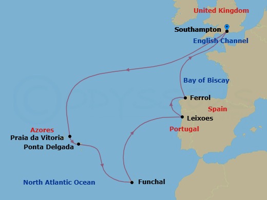 Route map: Southampton, England, UK → Praia da Vitoria, Azores,     Portugal → Ponta Delgada, Azores, Portugal → Funchal, Madeira, Portugal → Leixoes (tours to Porto), Portugal → Ferrol, Spain → Southampton, England, UK